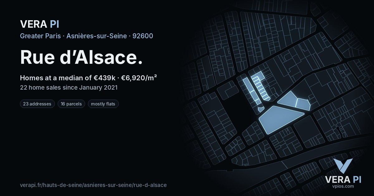 Rue d’Alsace, Asnières-sur-Seine at night – every parcel coloured by the prices around it, the street's own parcels lit