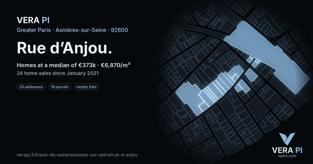 Rue d’Anjou, Asnières-sur-Seine at night – every parcel coloured by the prices around it, the street's own parcels lit
