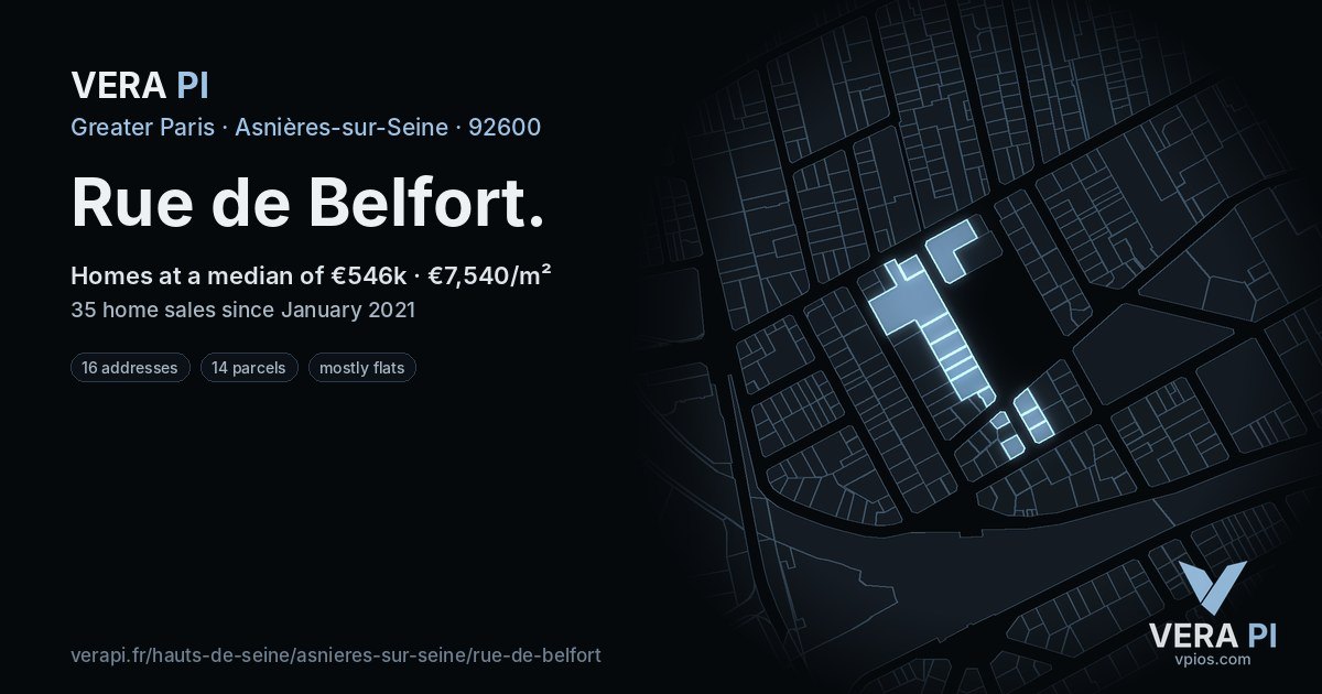 Rue de Belfort, Asnières-sur-Seine at night – every parcel coloured by the prices around it, the street's own parcels lit