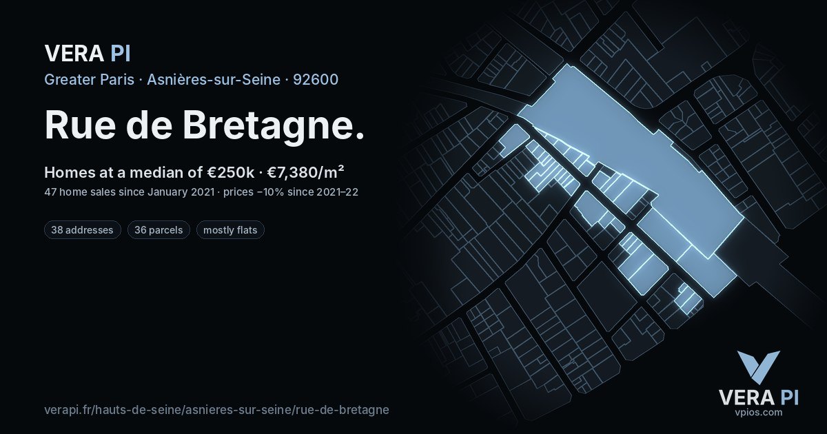 Rue de Bretagne, Asnières-sur-Seine at night – every parcel coloured by the prices around it, the street's own parcels lit