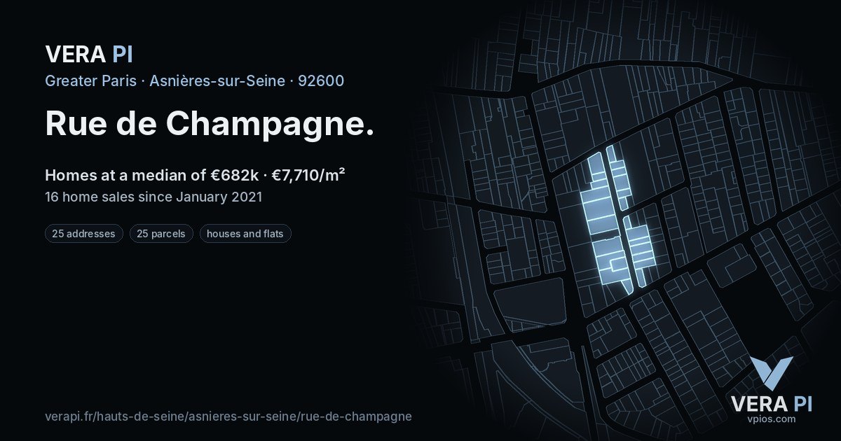 Rue de Champagne, Asnières-sur-Seine at night – every parcel coloured by the prices around it, the street's own parcels lit