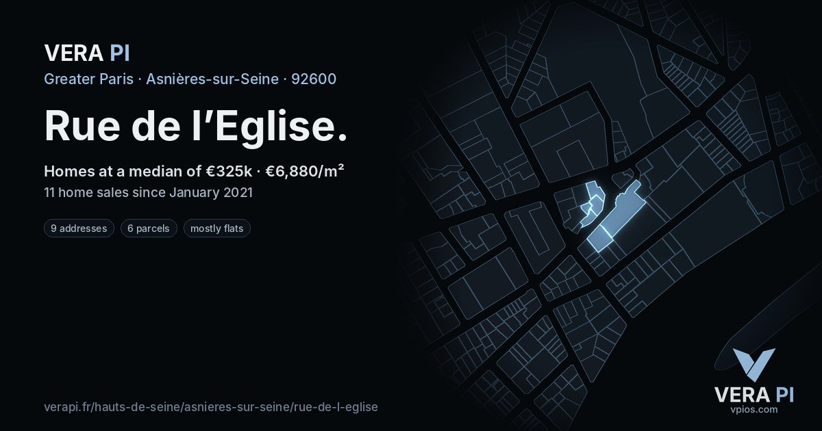Rue de l’Eglise, Asnières-sur-Seine at night – every parcel coloured by the prices around it, the street's own parcels lit