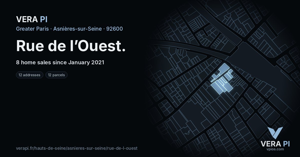 Rue de l’Ouest, Asnières-sur-Seine at night – every parcel coloured by the prices around it, the street's own parcels lit