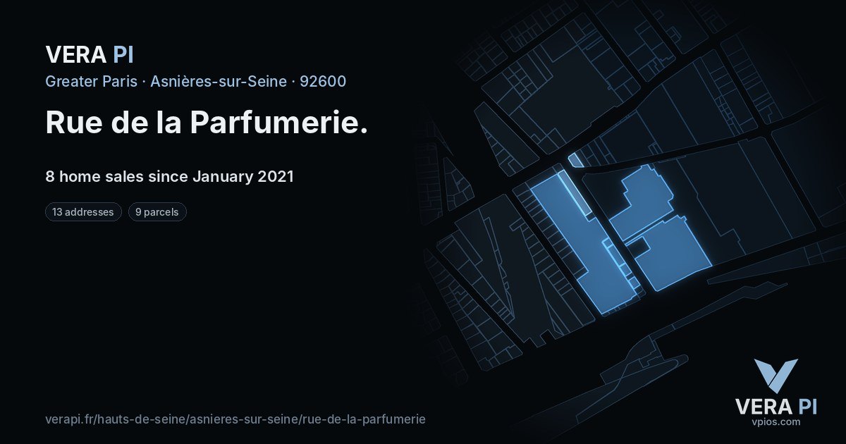 Rue de la Parfumerie, Asnières-sur-Seine at night – every parcel coloured by the prices around it, the street's own parcels lit