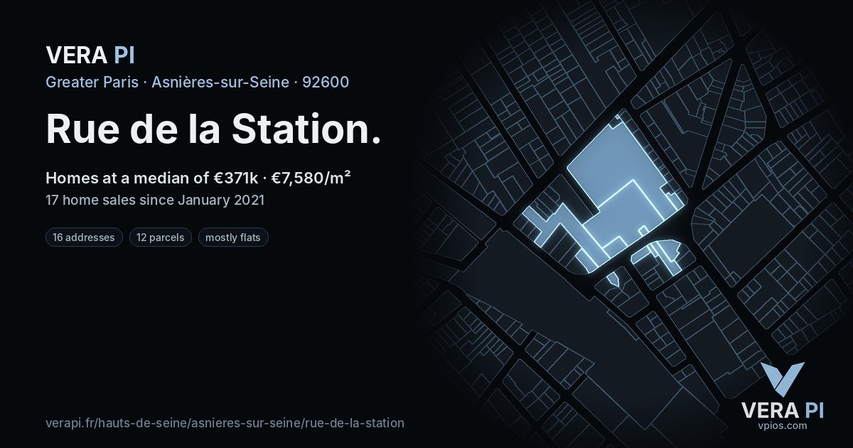 Rue de la Station, Asnières-sur-Seine at night – every parcel coloured by the prices around it, the street's own parcels lit