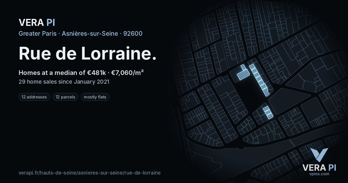 Rue de Lorraine, Asnières-sur-Seine at night – every parcel coloured by the prices around it, the street's own parcels lit