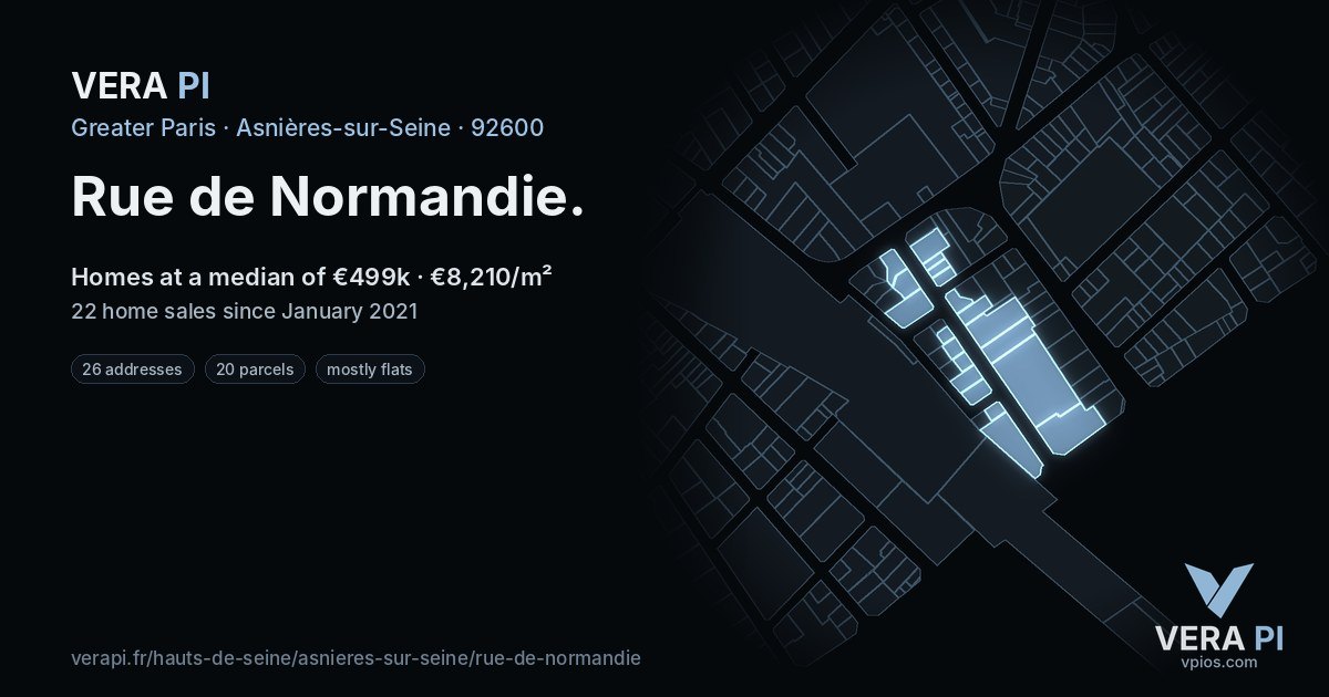 Rue de Normandie, Asnières-sur-Seine at night – every parcel coloured by the prices around it, the street's own parcels lit