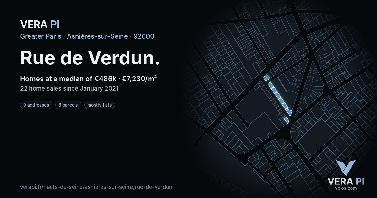 Rue de Verdun, Asnières-sur-Seine at night – every parcel coloured by the prices around it, the street's own parcels lit