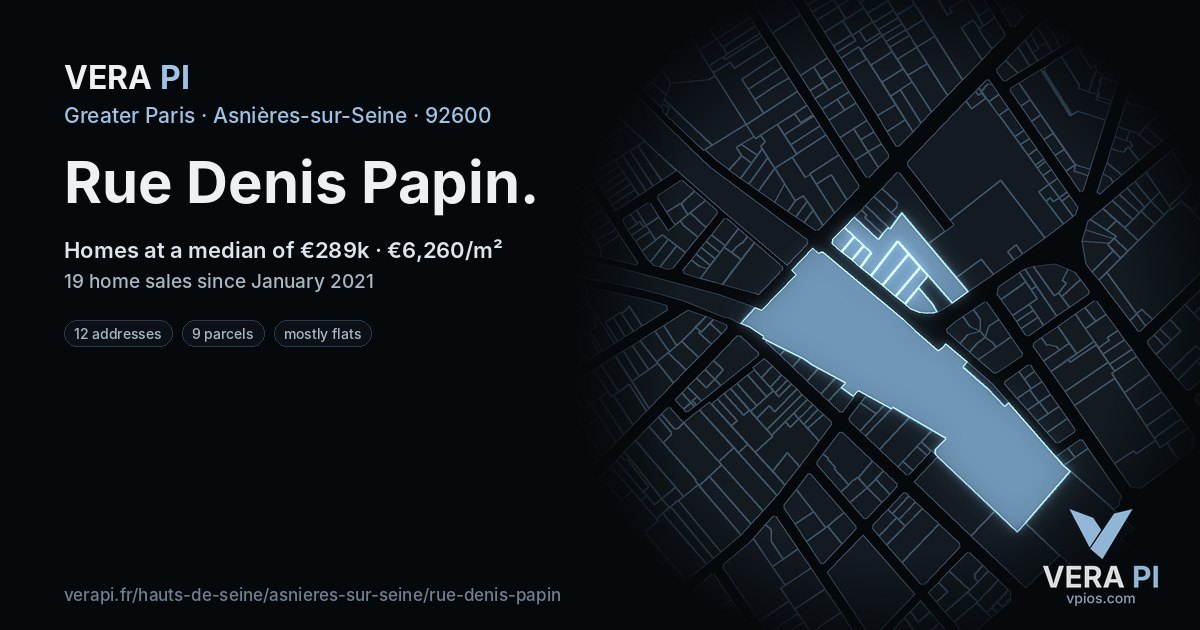 Rue Denis Papin, Asnières-sur-Seine at night – every parcel coloured by the prices around it, the street's own parcels lit