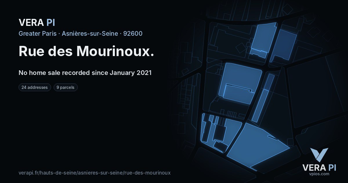 Rue des Mourinoux, Asnières-sur-Seine at night – every parcel coloured by the prices around it, the street's own parcels lit