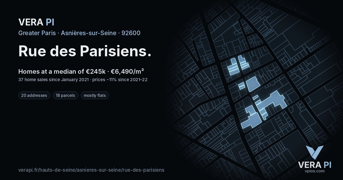 Rue des Parisiens, Asnières-sur-Seine at night – every parcel coloured by the prices around it, the street's own parcels lit