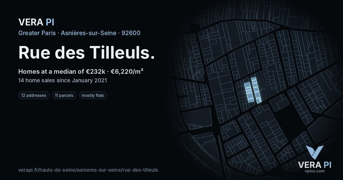 Rue des Tilleuls, Asnières-sur-Seine at night – every parcel coloured by the prices around it, the street's own parcels lit