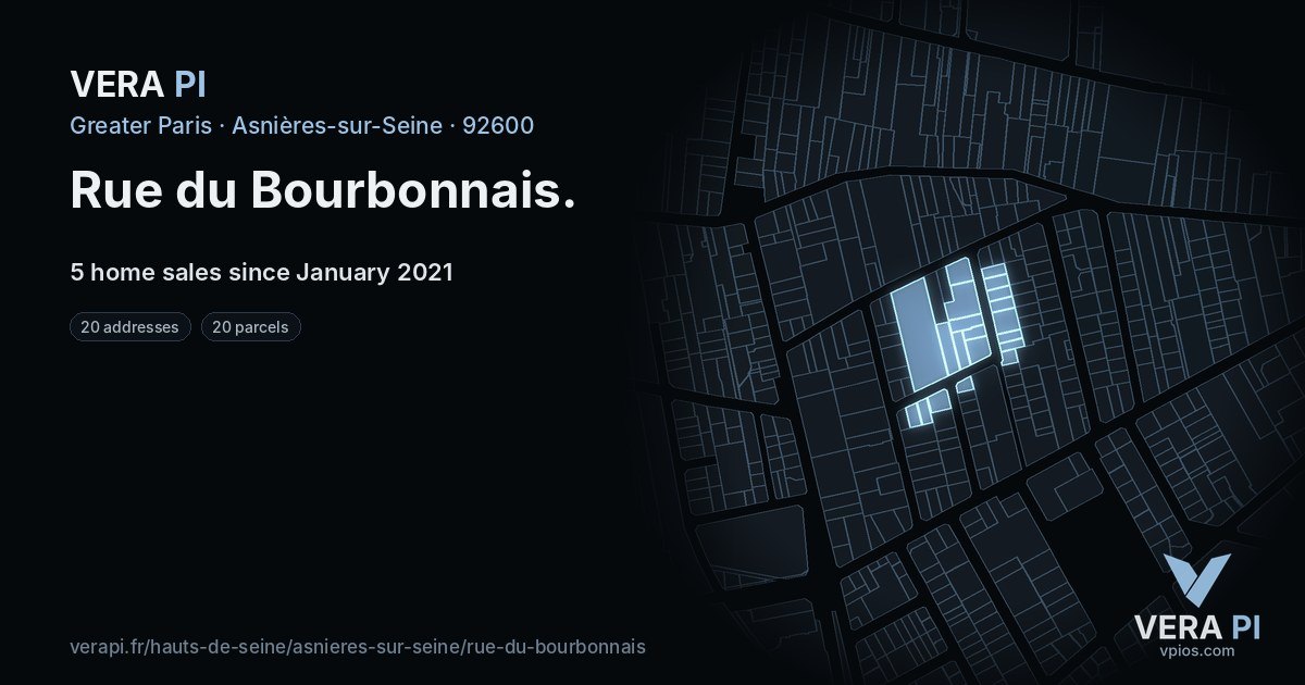 Rue du Bourbonnais, Asnières-sur-Seine at night – every parcel coloured by the prices around it, the street's own parcels lit