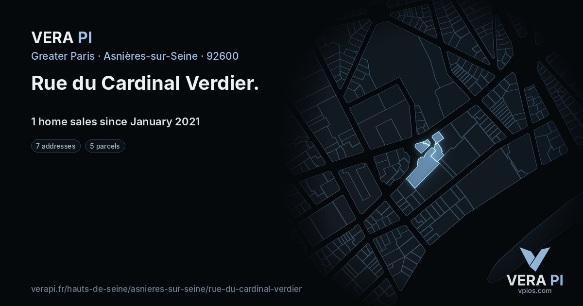 Rue du Cardinal Verdier, Asnières-sur-Seine at night – every parcel coloured by the prices around it, the street's own parcels lit