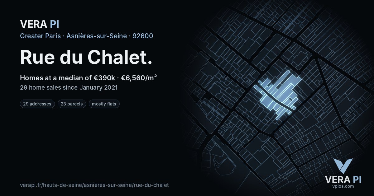 Rue du Chalet, Asnières-sur-Seine at night – every parcel coloured by the prices around it, the street's own parcels lit