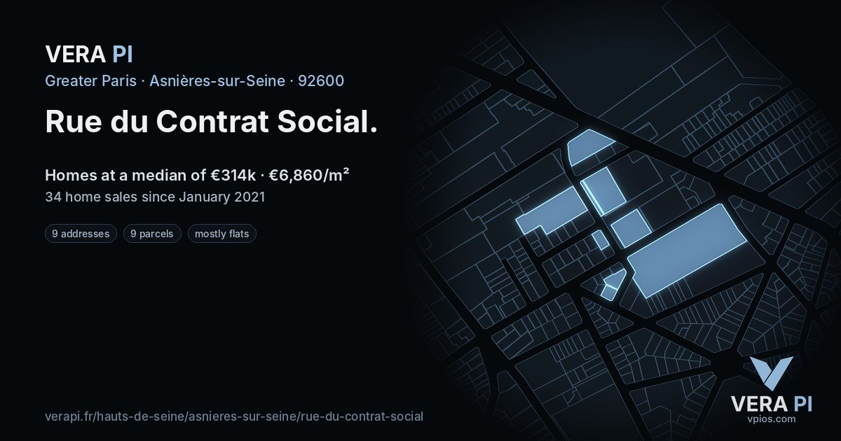 Rue du Contrat Social, Asnières-sur-Seine at night – every parcel coloured by the prices around it, the street's own parcels lit