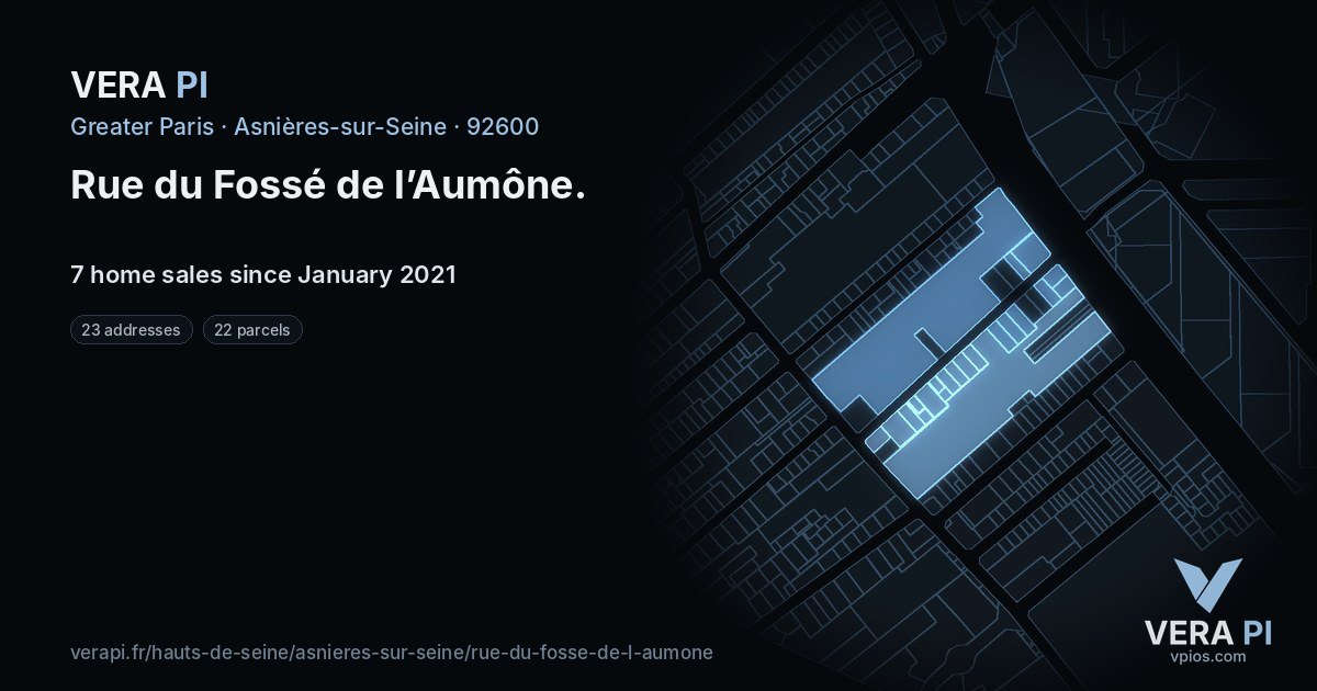 Rue du Fossé de l’Aumône, Asnières-sur-Seine at night – every parcel coloured by the prices around it, the street's own parcels lit
