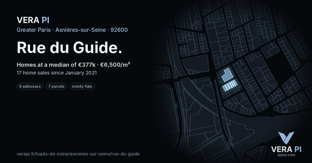 Rue du Guide, Asnières-sur-Seine at night – every parcel coloured by the prices around it, the street's own parcels lit
