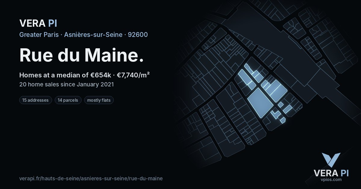 Rue du Maine, Asnières-sur-Seine at night – every parcel coloured by the prices around it, the street's own parcels lit