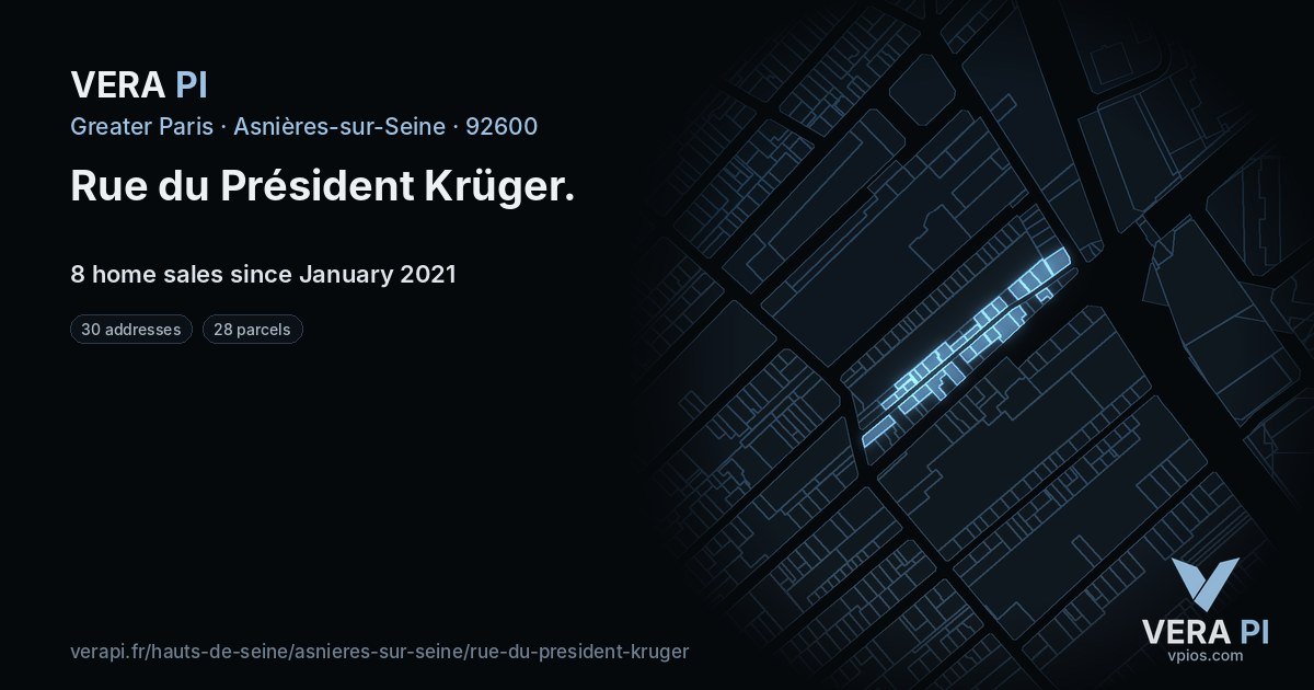 Rue du Président Krüger, Asnières-sur-Seine at night – every parcel coloured by the prices around it, the street's own parcels lit