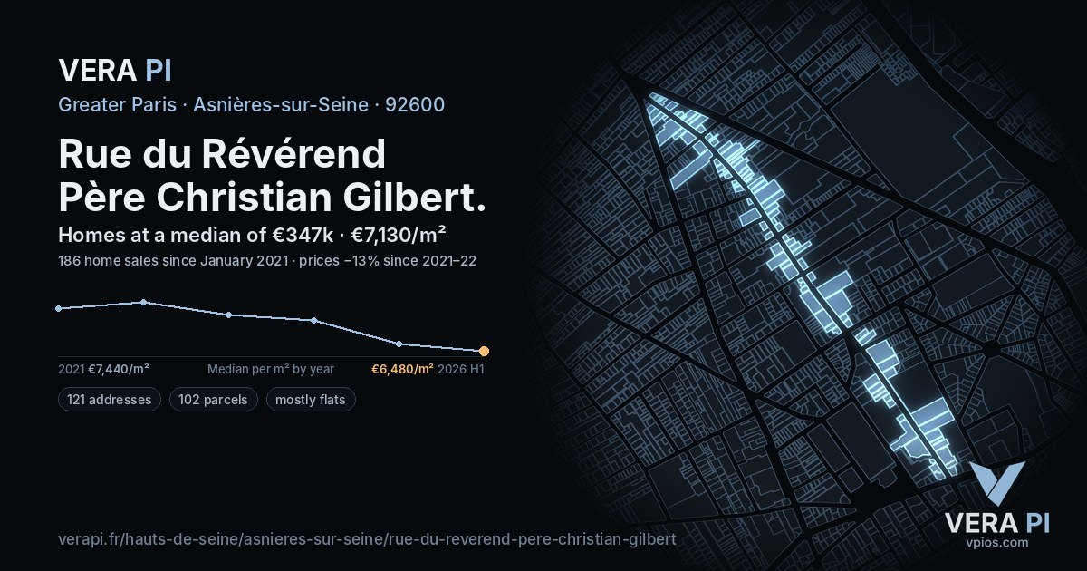 Rue du Révérend Père Christian Gilbert, Asnières-sur-Seine at night – every parcel coloured by the prices around it, the street's own parcels lit