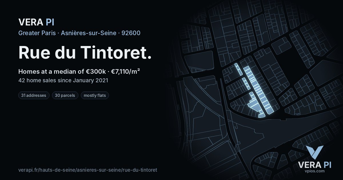 Rue du Tintoret, Asnières-sur-Seine at night – every parcel coloured by the prices around it, the street's own parcels lit
