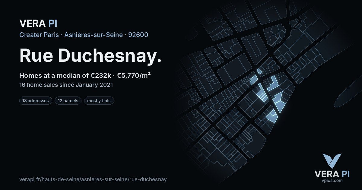 Rue Duchesnay, Asnières-sur-Seine at night – every parcel coloured by the prices around it, the street's own parcels lit