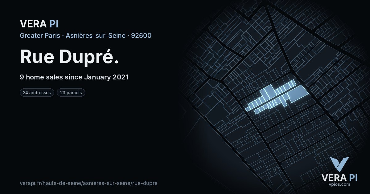 Rue Dupré, Asnières-sur-Seine at night – every parcel coloured by the prices around it, the street's own parcels lit