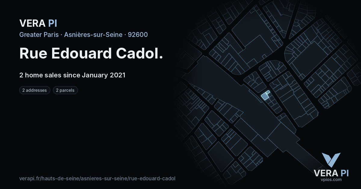 Rue Edouard Cadol, Asnières-sur-Seine at night – every parcel coloured by the prices around it, the street's own parcels lit