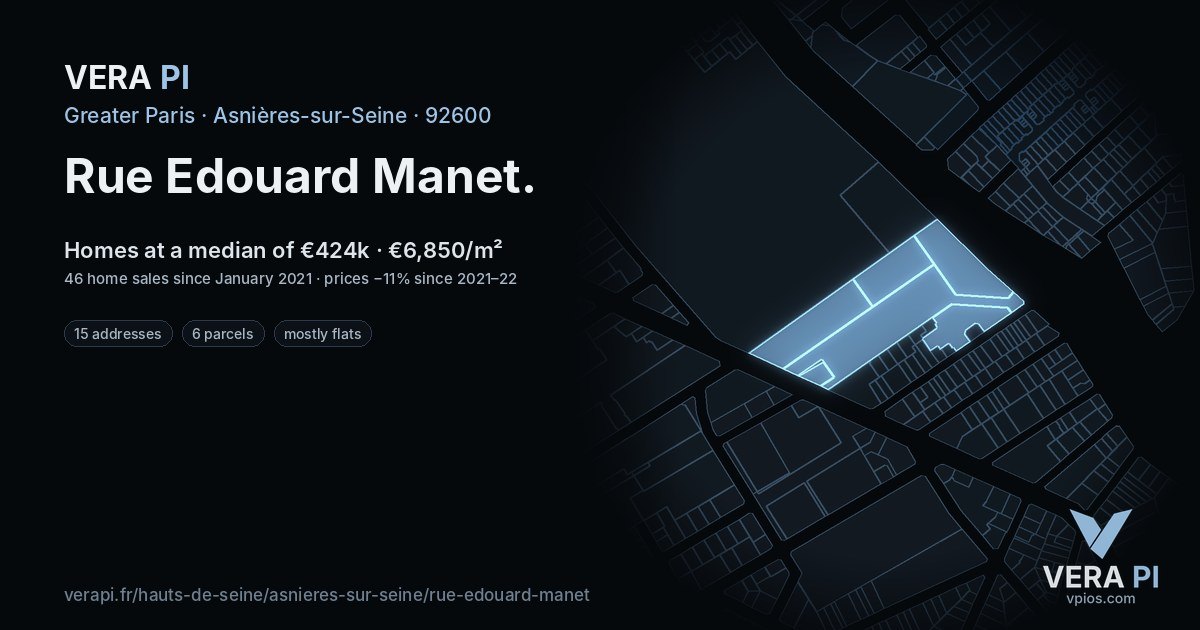 Rue Edouard Manet, Asnières-sur-Seine at night – every parcel coloured by the prices around it, the street's own parcels lit