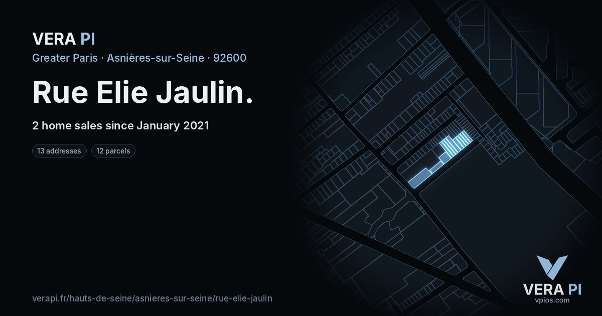 Rue Elie Jaulin, Asnières-sur-Seine at night – every parcel coloured by the prices around it, the street's own parcels lit