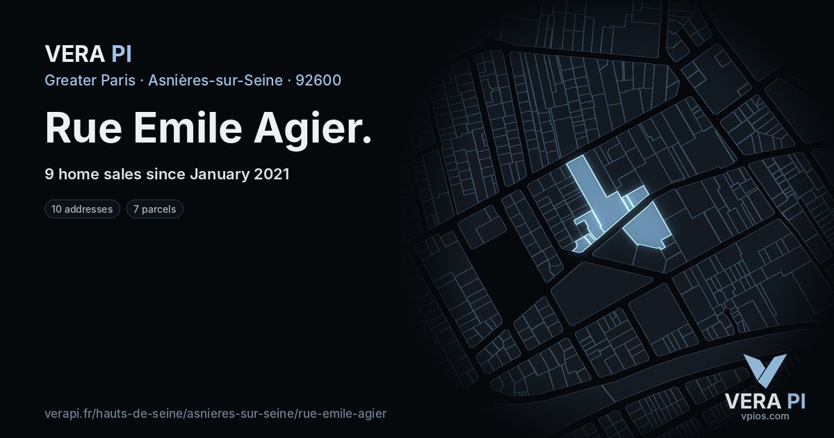 Rue Emile Agier, Asnières-sur-Seine at night – every parcel coloured by the prices around it, the street's own parcels lit
