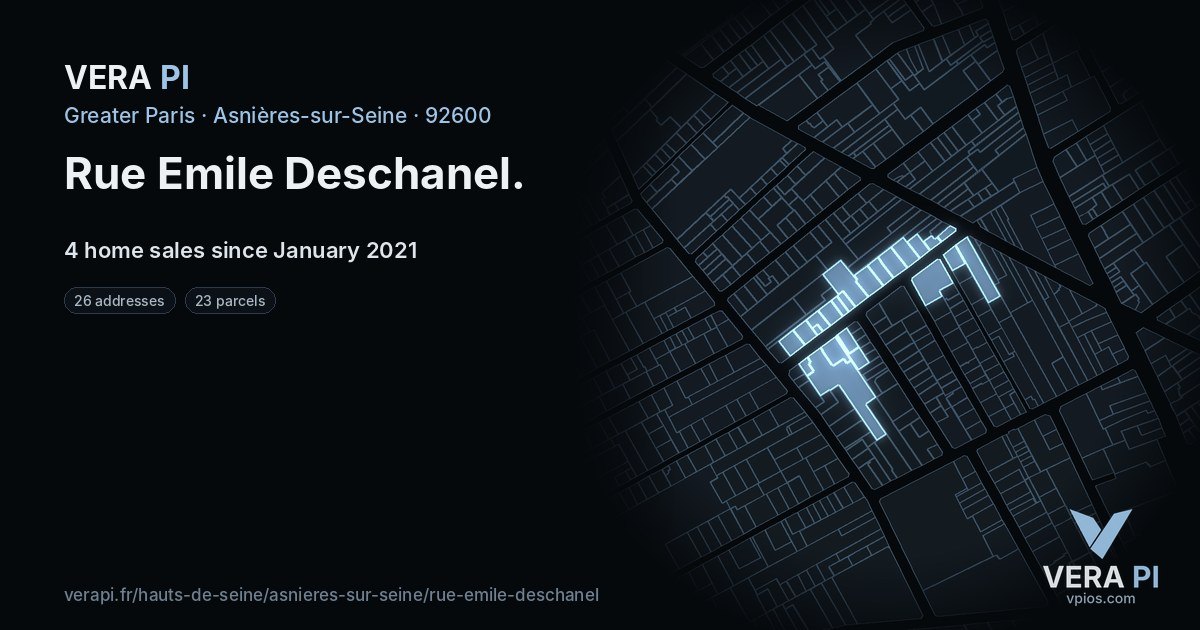 Rue Emile Deschanel, Asnières-sur-Seine at night – every parcel coloured by the prices around it, the street's own parcels lit