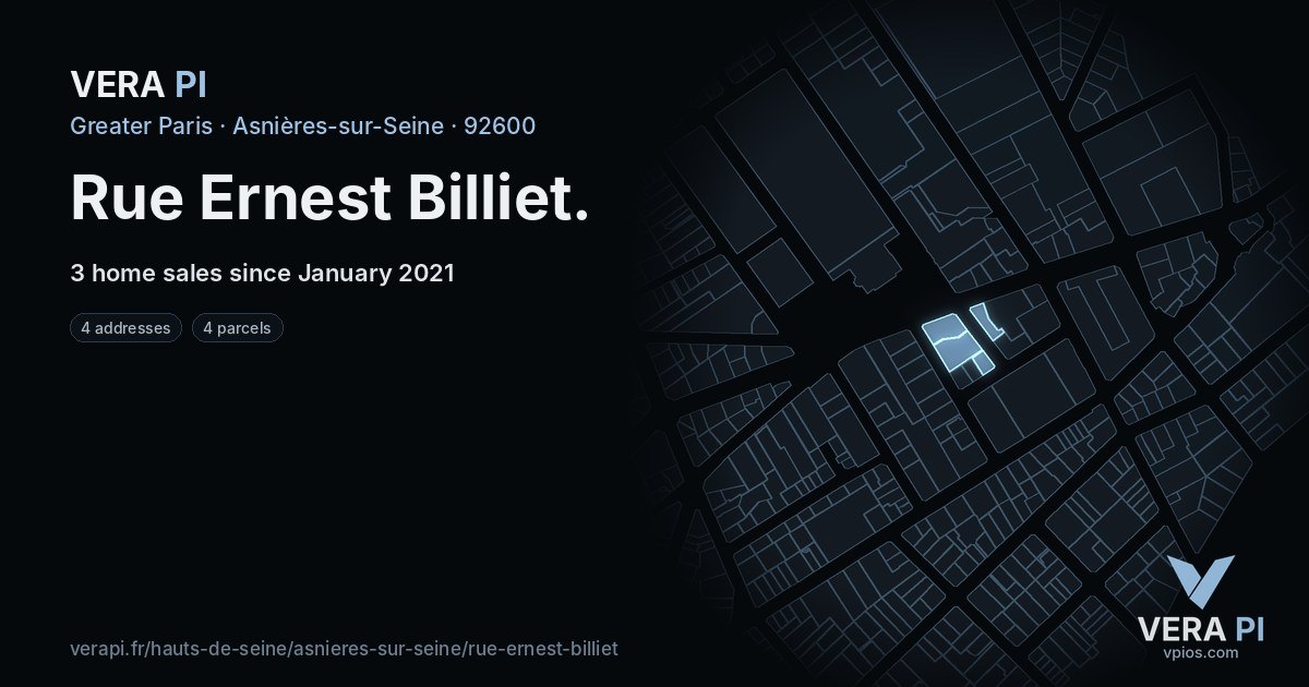 Rue Ernest Billiet, Asnières-sur-Seine at night – every parcel coloured by the prices around it, the street's own parcels lit