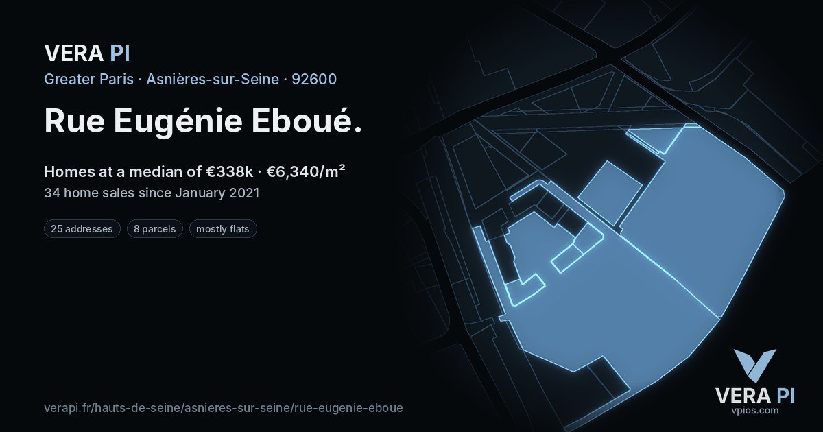 Rue Eugénie Eboué, Asnières-sur-Seine at night – every parcel coloured by the prices around it, the street's own parcels lit