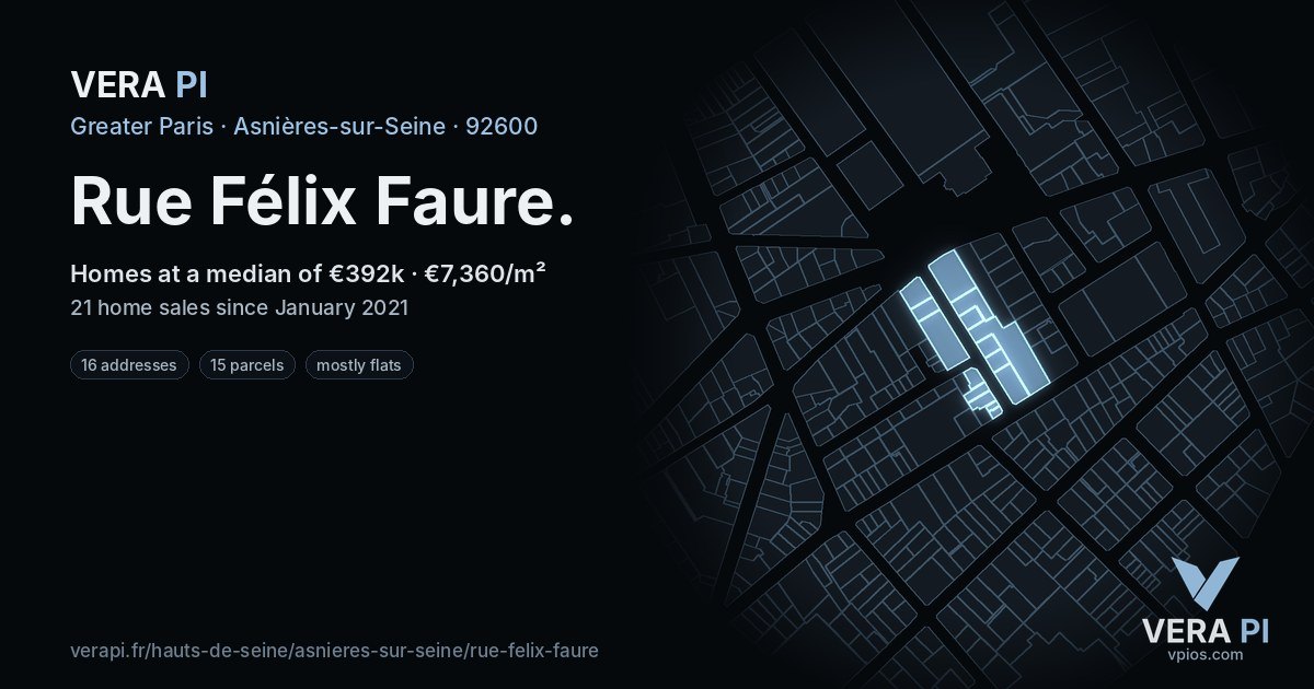 Rue Félix Faure, Asnières-sur-Seine at night – every parcel coloured by the prices around it, the street's own parcels lit