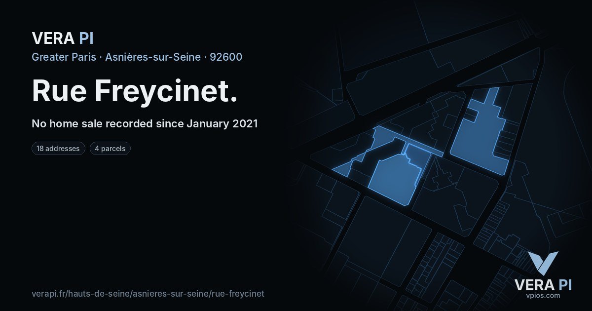 Rue Freycinet, Asnières-sur-Seine at night – every parcel coloured by the prices around it, the street's own parcels lit
