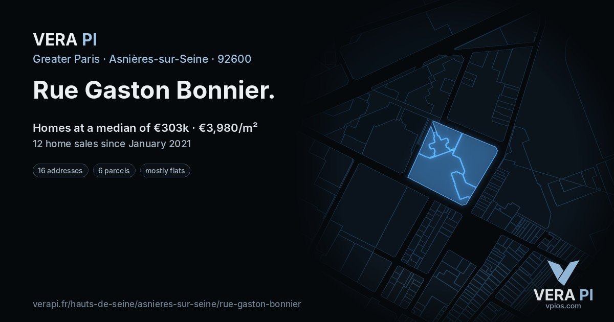 Rue Gaston Bonnier, Asnières-sur-Seine at night – every parcel coloured by the prices around it, the street's own parcels lit