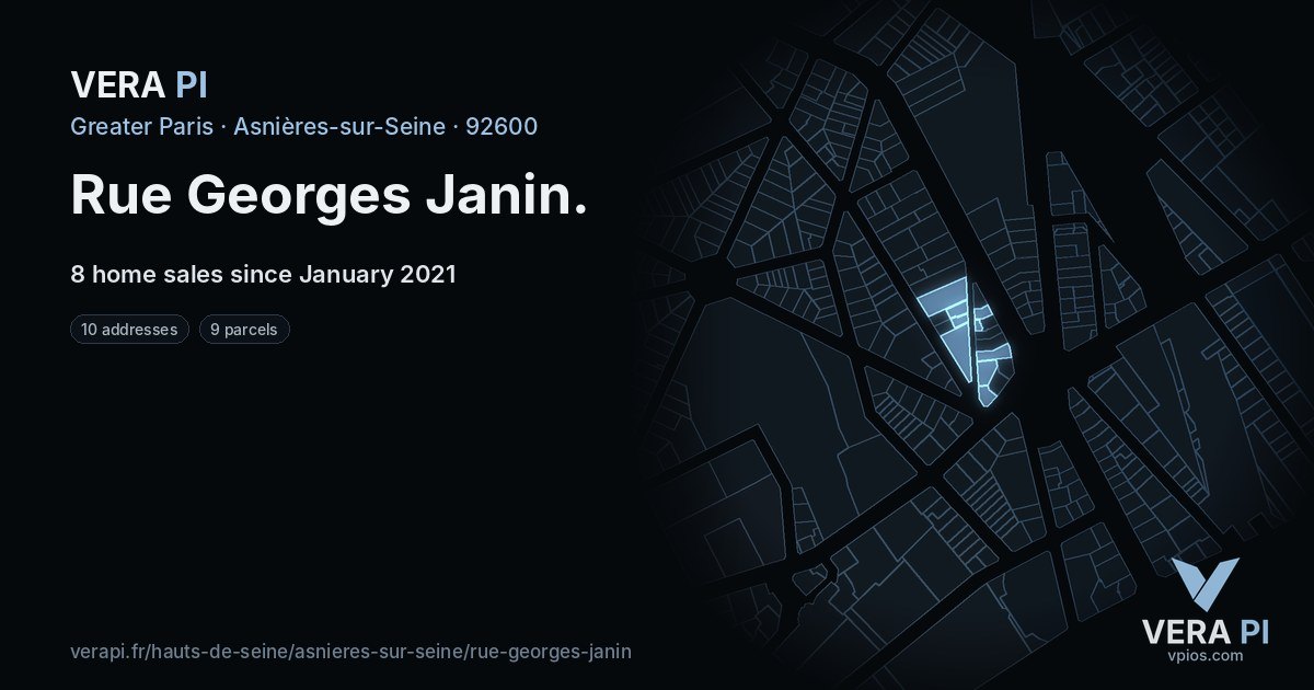 Rue Georges Janin, Asnières-sur-Seine at night – every parcel coloured by the prices around it, the street's own parcels lit