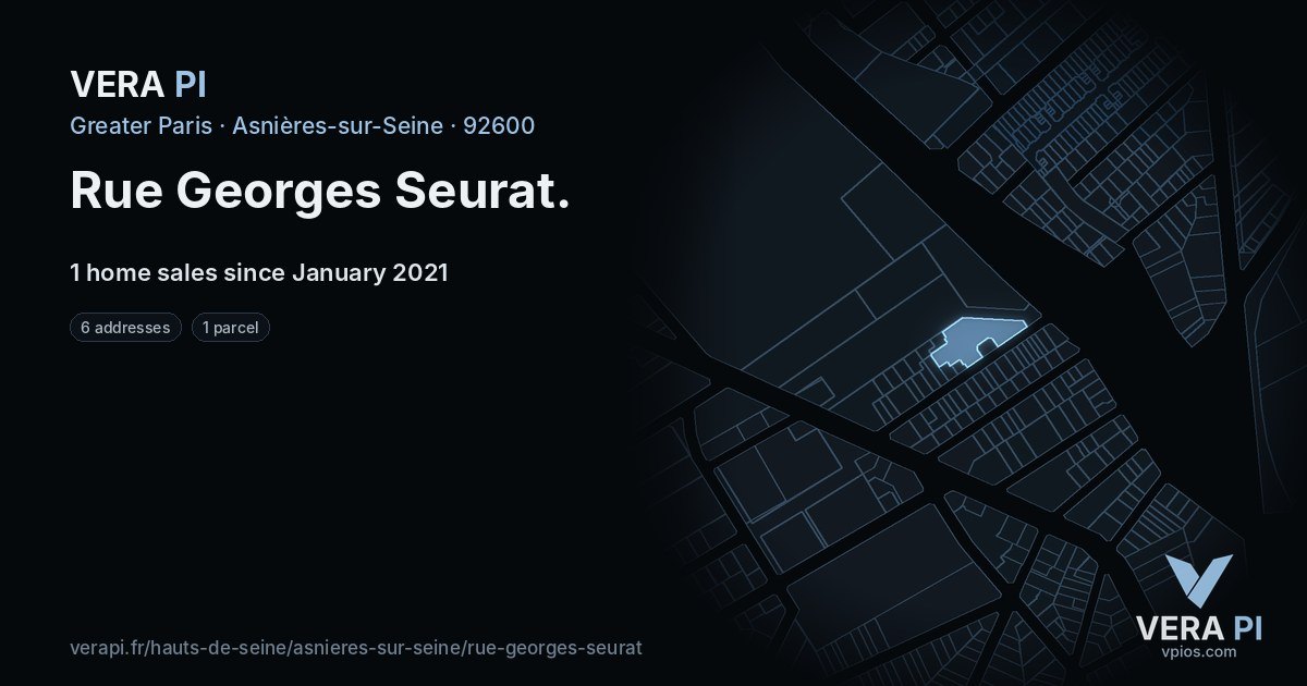 Rue Georges Seurat, Asnières-sur-Seine at night – every parcel coloured by the prices around it, the street's own parcels lit