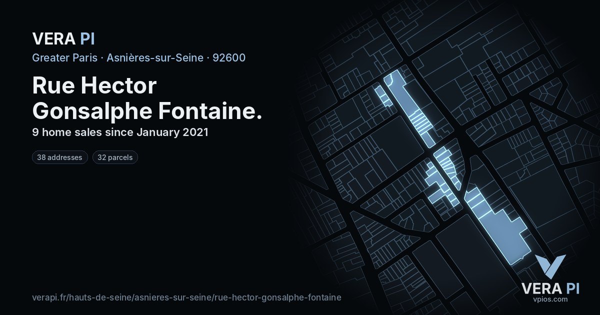 Rue Hector Gonsalphe Fontaine, Asnières-sur-Seine at night – every parcel coloured by the prices around it, the street's own parcels lit