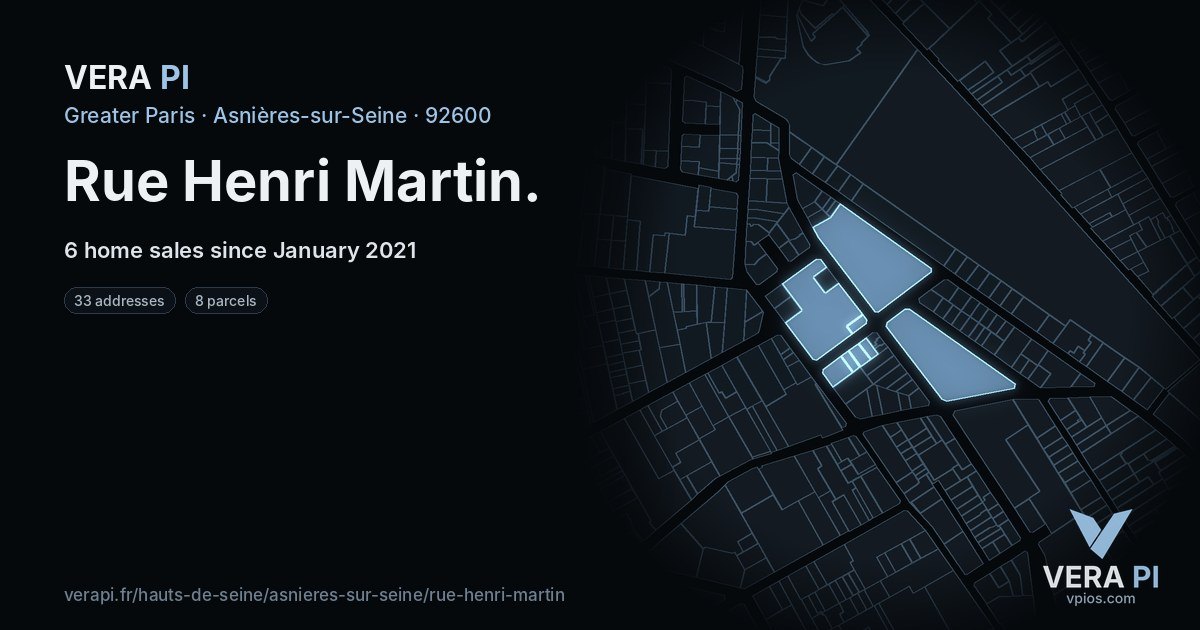 Rue Henri Martin, Asnières-sur-Seine at night – every parcel coloured by the prices around it, the street's own parcels lit