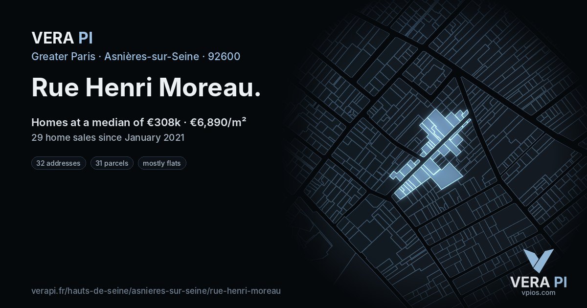 Rue Henri Moreau, Asnières-sur-Seine at night – every parcel coloured by the prices around it, the street's own parcels lit