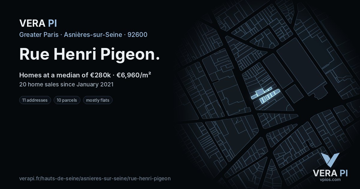 Rue Henri Pigeon, Asnières-sur-Seine at night – every parcel coloured by the prices around it, the street's own parcels lit
