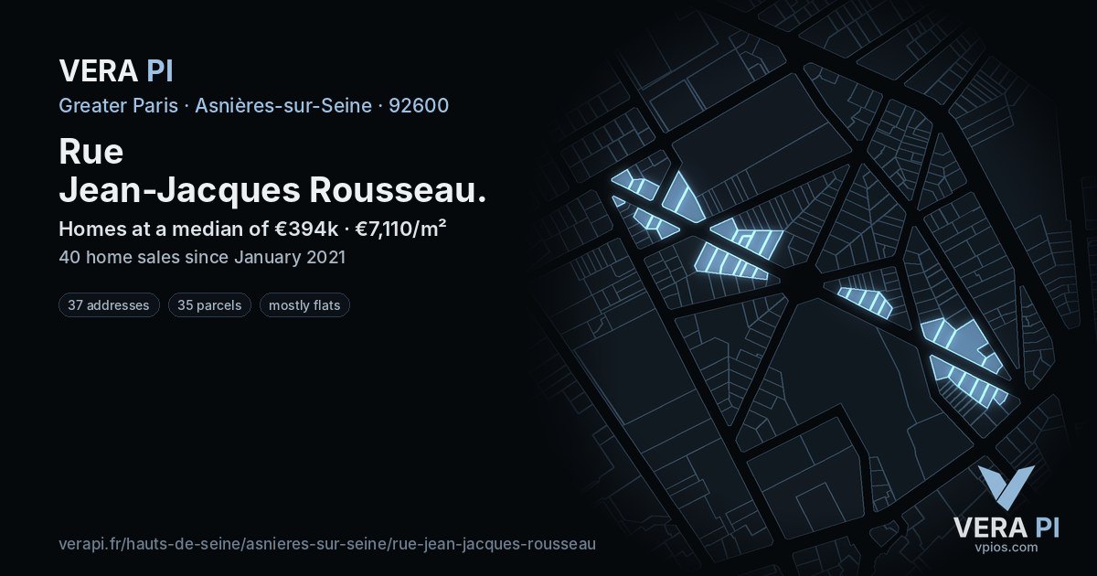 Rue Jean-Jacques Rousseau, Asnières-sur-Seine at night – every parcel coloured by the prices around it, the street's own parcels lit