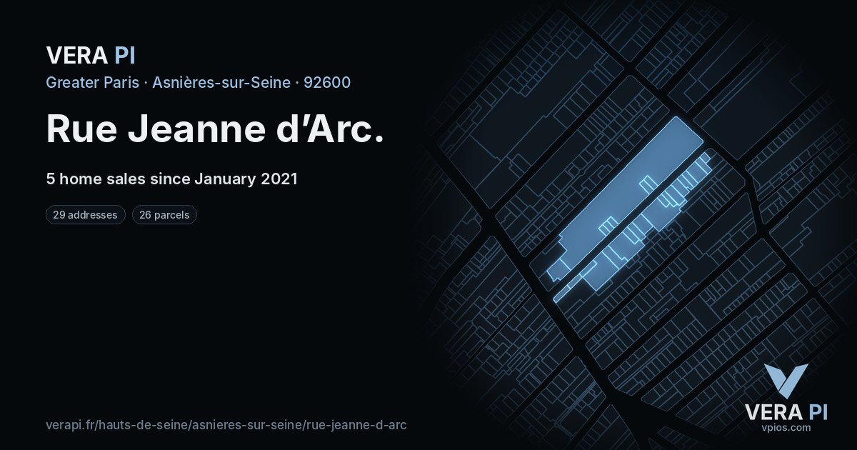 Rue Jeanne d’Arc, Asnières-sur-Seine at night – every parcel coloured by the prices around it, the street's own parcels lit