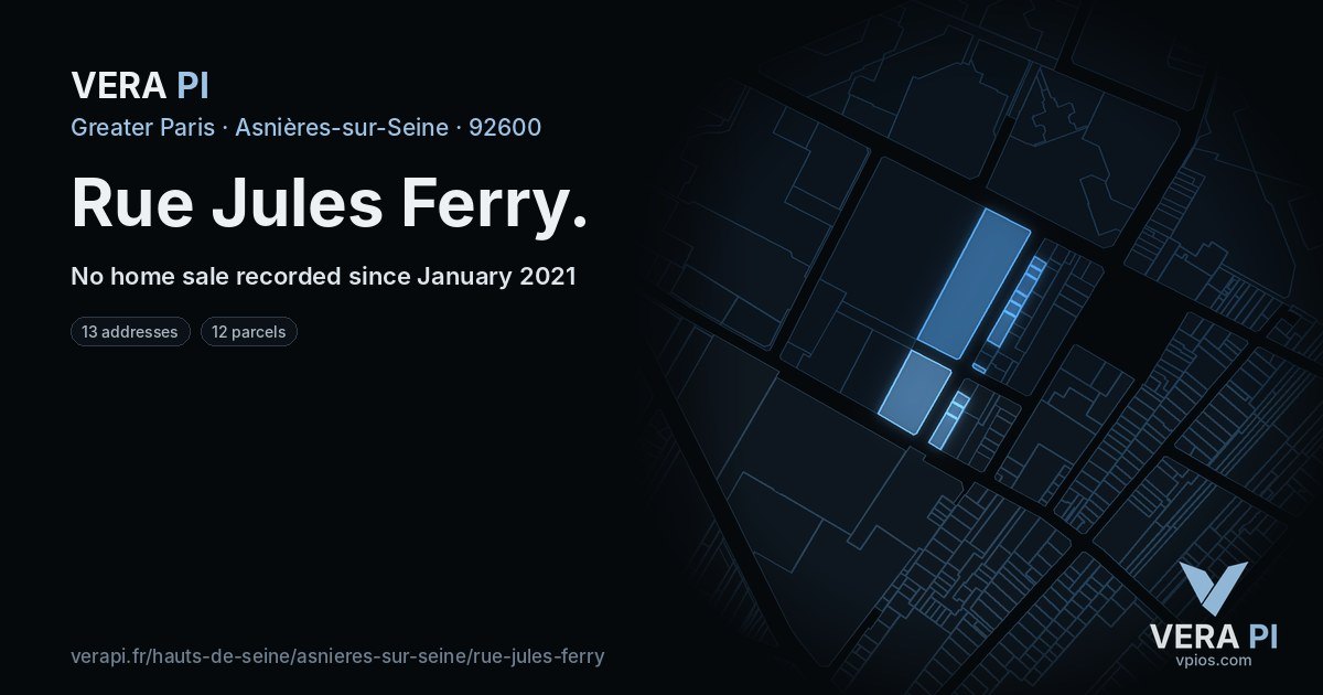 Rue Jules Ferry, Asnières-sur-Seine at night – every parcel coloured by the prices around it, the street's own parcels lit
