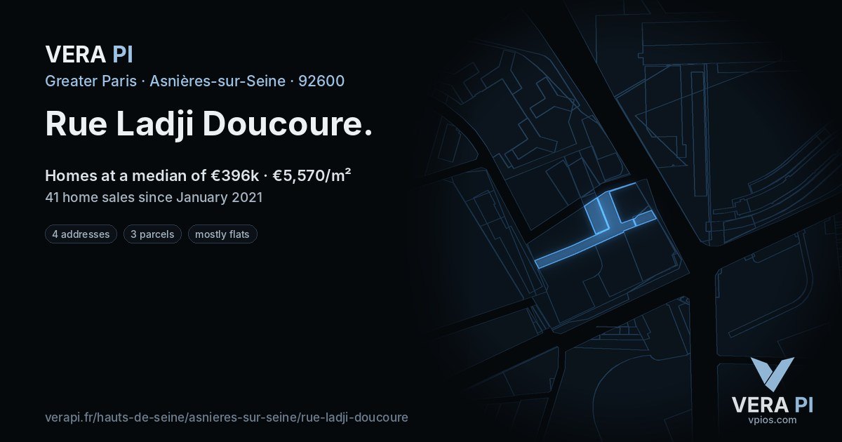 Rue Ladji Doucoure, Asnières-sur-Seine at night – every parcel coloured by the prices around it, the street's own parcels lit