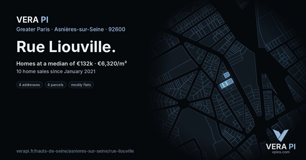 Rue Liouville, Asnières-sur-Seine at night – every parcel coloured by the prices around it, the street's own parcels lit