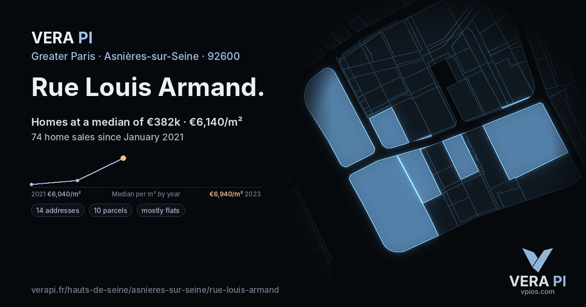 Rue Louis Armand, Asnières-sur-Seine at night – every parcel coloured by the prices around it, the street's own parcels lit